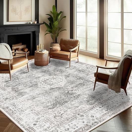 Washable Area Rug 8'x10' Retro Boho Design Non-Shedding Non-Slip Easy Care Ideal for High Traffic Areas in Living Room Bedroom Office Coffee Table Kitchen Large Carpet
