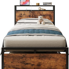 LIKIMIO Twin XL Bed Frames with Drawer, Storage Headboard with Outlets, No Box Spring Needed, Easy Assembly, Vintage Brown