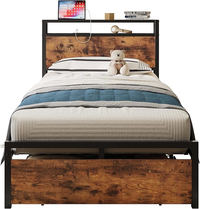 LIKIMIO Twin XL Bed Frames with Drawer, Storage Headboard with Outlets, No Box Spring Needed, Easy Assembly, Vintage Brown