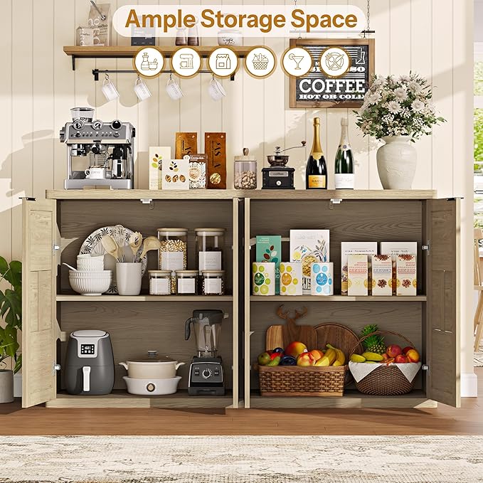 Sideboard Buffet Cabinet with Storage, 60" Modern Farmhouse Accent Cabinet with Geometric Fluted Doors & Magnetic Catch, Wood Coffee/TV Console Table Credenza for Kitchen, Living Room (Oak)