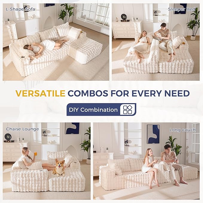 MAXYOYO 104" Modular Sectional Couch with L-Shape Chaise, Modern Boneless Couch for Living Room, Sofa in A Box, Faux Fur Sofa Sleeper with Deep Seat, No Assembly Required, Beige