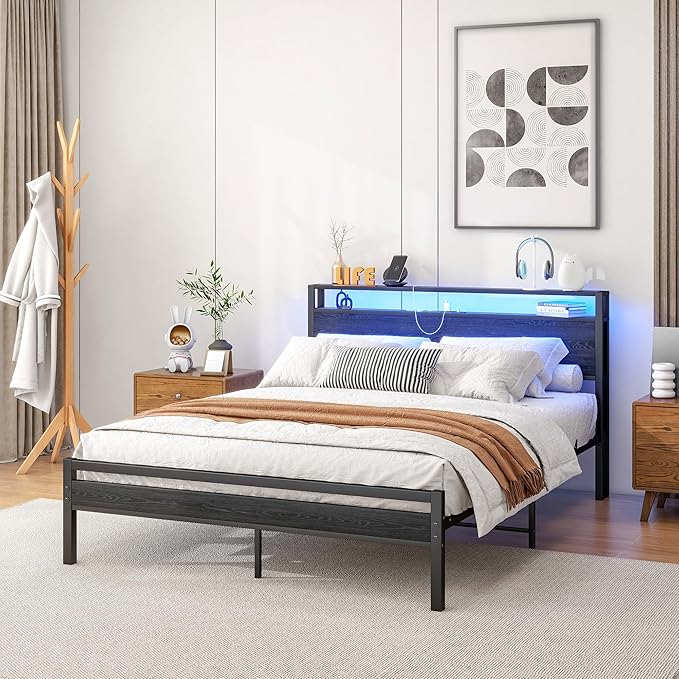 Queen Bed Frame With Storage Headboard/LED Lights, Metal Platform With Charging Station, No Box Spring Needed, Heavy Duty Slats, No Noise, Black