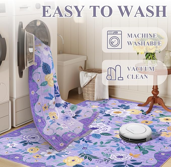 DUKINO 2x3 Rugs for Entryway, Floral Indoor Washable Door Mat, Non Slip Boho Small Rug for Kitchen, Soft Low Pile Front Door Throw Rug for Entrance, Bedroom, Kitchen, Laundry, Bathroom, Purple