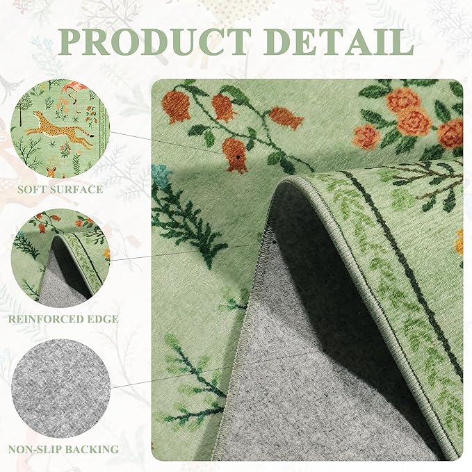 DUKINO 2x6 Rug for Hallway, Washable Kitchen Runner Rug with Non Slip Backing, Soft Low Pile Vintage Animal Runner for Bedroom, Kitchen, Hallway, Entryway, Laundry, Light Green