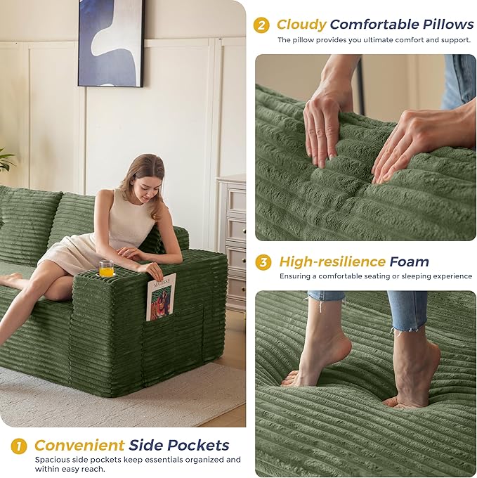 MAXYOYO 104" Modular Sectional Couch with L-Shape Chaise, Modern Boneless Couch for Living Room, Sofa in A Box, Oversized Sofa Sleeper with Deep Seat, No Assembly Required, Green