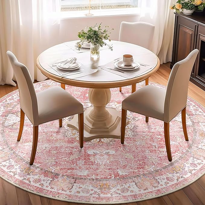 Pink Round Rug 6ft,Large Circle Area Rugs for Living Room Bedroom Dining Room,Washable Boho Vintage Bohemian Distressed Oriental Floral Carpet Non Slip,Blush Floral Flowers