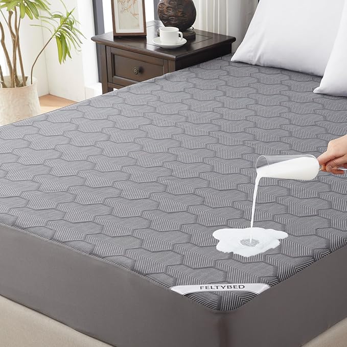 Full Size Waterproof Mattress Protector, 40% Rayon Derived from Bamboo Grey Mattress Pad Cover, 3D Air Fabric Breathable Mattress Pad Fitted with Deep Pocket 6"- 15" Machine Washable