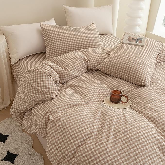 ECOCOTT Gingham Duvet Cover Queen Size 100% Washed Cotton Like Linen Feel Super Soft & Comfy Bedding Set Modern Checkered Design for All Seasons