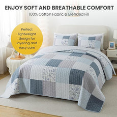 SLPR Coastal Dream Cotton Pieced Quilt Set - King Size with 2 Shams, Soft Purple & Blue Patchwork Quilted Bedspread, Farmhouse Country Style Bedding for All Seasons