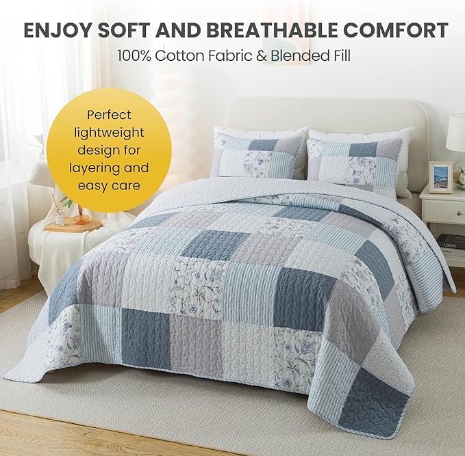 SLPR Coastal Dream Cotton Pieced Quilt Set - King Size with 2 Shams, Soft Purple & Blue Patchwork Quilted Bedspread, Farmhouse Country Style Bedding for All Seasons