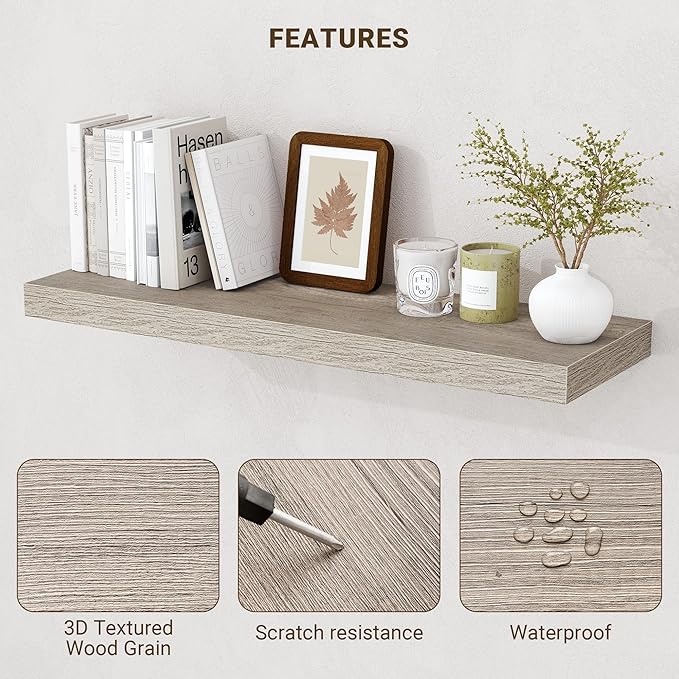 48 Inch Floating Shelves, 3D Textured Wood Grain, 48"x9.25"x1.5" Inch Deep Floating Shelves for Wall, Wooden Shelves for Bathroom, Bedroom, Living Room, Vintage Gray Oak, 1 Piece