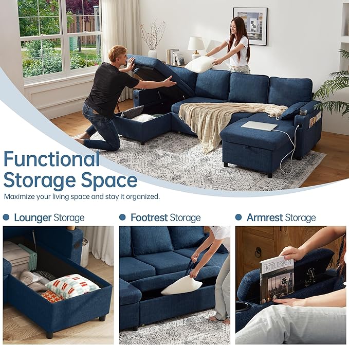 DURASPACE Sofa Bed Pull Out Couch Sleeper with Double Storage Chaise, U Shaped Convertible Sectional Sleeper Sofa for Living Room with USB Charging Ports, Cup Holder (Blue)
