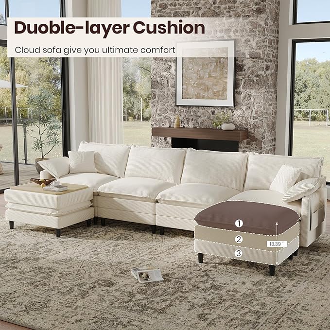 143" U Shaped Modular Sectional Cloud Couch with Two Ottoman, Snap-on Easy Installation 6-Piece Deep Seat Sofa with Storage Bag and Coffee Table for Living Room, Corduroy, Beige