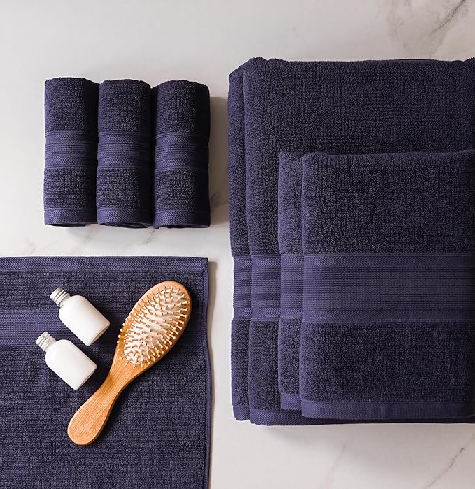 Luzia 8 Piece Bathroom Towel Set - 100% Turkish Cotton, Premium Quality - 2 Bath Towels 2 Hand Towels and 4 Washcloths (Navy Blue)