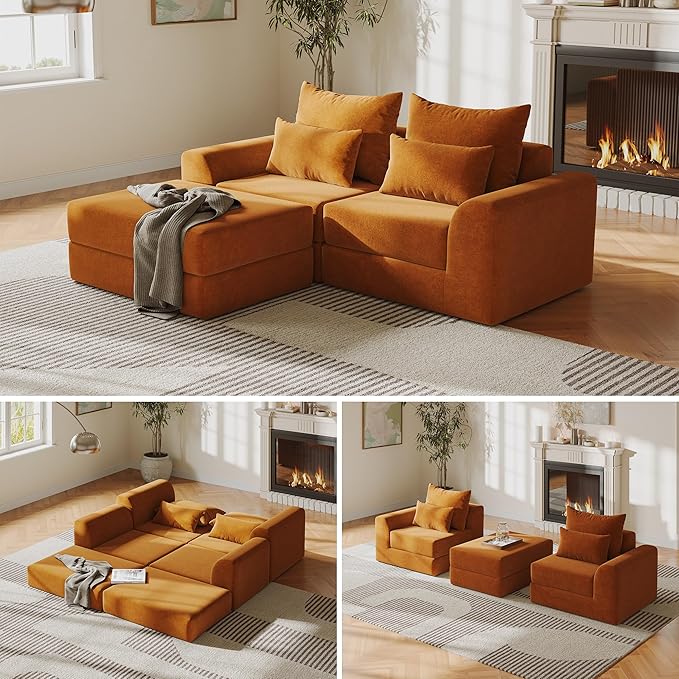 Modular loveseat with Ottoman, L-Shape Boneless Couch, Customizable Sectional Couch, Free Combination Design Sleeper Sofa, Clay Ember