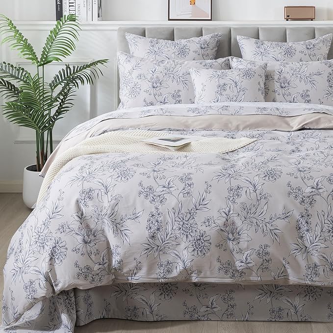 FADFAY Duvet Cover Set Vintage Peony Floral Bedding Shabby Khaki Floral Quilt Cover Set Rustic Farmhouse Bedding 100% Cotton Comforter Cover with Hidden Zipper Closure 3Pcs, King/California King Size