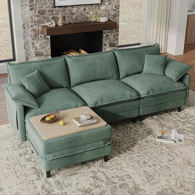 108" L Shaped Modular Sectional Cloud Couch with Ottoman, Snap-on Easy Installation 3 Seater Deep Seat Sofa with Storage Bag and Coffee Table for Living Room, Corduroy, Green