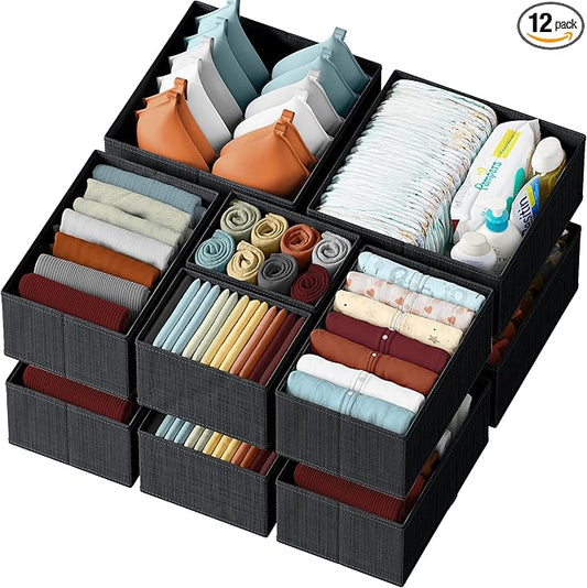 NEATERIZE Drawer Organizer Clothes Set of 12 Black - Dresser Organizer For Nursery, Bedroom, Closet