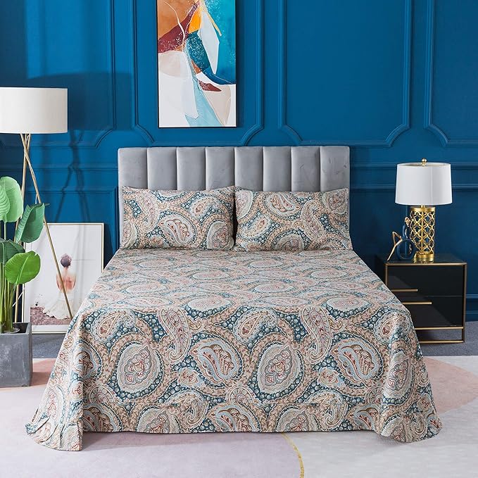 FADFAY Luxury Paisley Sheets Set Queen Classy Blue and Gold Floral Farmhouse Bedding Elegent Blue Paisley Bedding Set 100% Cotton Super Soft Hypoallergenic Deep Pocket Fitted Sheet 4Pcs, Queen Size