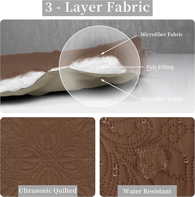Easy-Going Twin Size Reversible Quilt Set with 1 Quilt and 1 Pillow Sham, Soft Bed Quilt Cover, Water Resistant Lightweight Microfiber Bedspread, Stain Resistant, Damask-Brown/Beige