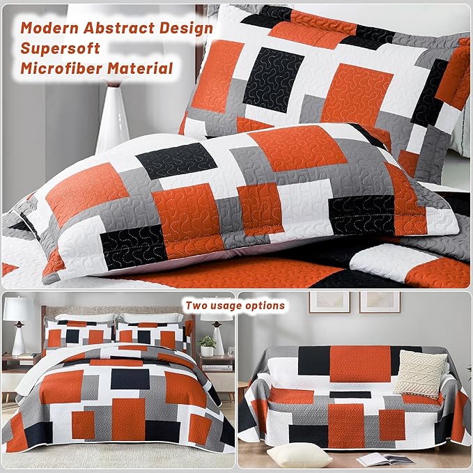 2 Piece Orange Grey Quilt Set Twin Size Black White Gray Geometric Reversible Bedding Set Microfiber Lightweight Bedspread Coverlet with 1 Sham Modern Bed Covers for All Season, 68''x86''