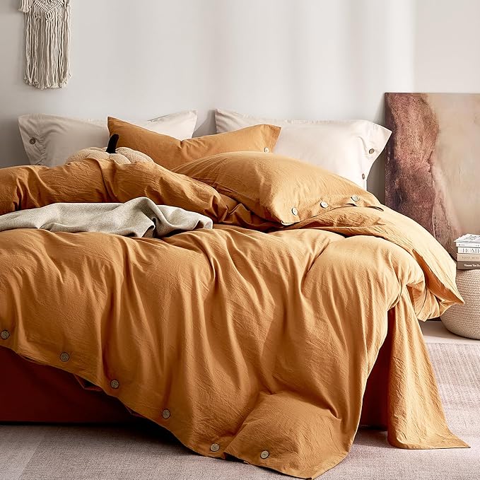 JELLYMONI 100% Washed Cotton Duvet Cover Queen – Soft, Breathable Linen-Look Bedding with Natural Wrinkle Texture, Button Closure, 3-Piece Set (Amber Orange, 90"x90")