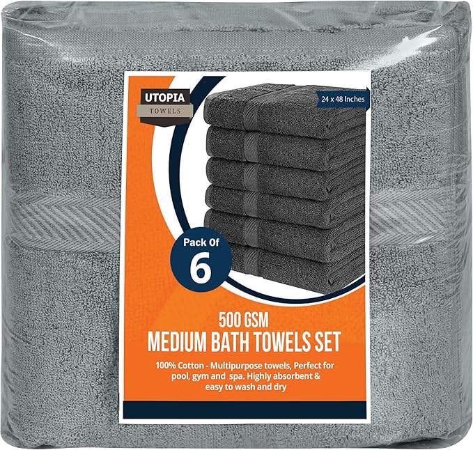 Utopia Towels 6 Pack Medium Bath Towel Set, 24 by 48 Inches, 500 GSM 100% Ring Spun Cotton, Lightweight and Highly Absorbent Quick Drying Premium Towels for Hotel, Spa and Bathroom, Cool Grey