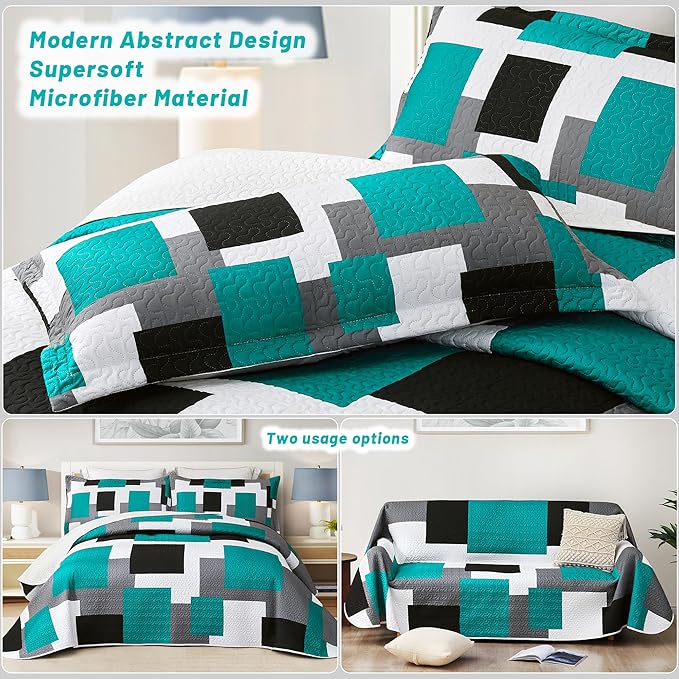 2 Piece Teal/Turquoise Grey Quilt Set Twin Size Black White Geometric Reversible Bedding Set Microfiber Lightweight Bedspread Coverlet with 1 Sham Modern Bed Covers for All Season, 68''x86''