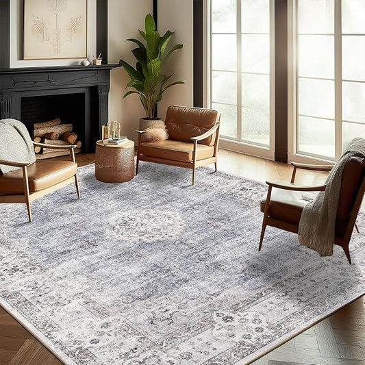 Washable Area Rug 9'x12' Retro Boho Design Non-Shedding Easy Care Ideal for High Traffic Areas in Living Room Bedroom Office Coffee Table Kitchen Large Carpet