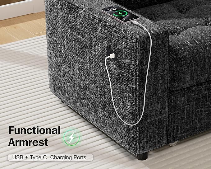 WEUP 5 Seat L Shaped Sectional Sleeper Sofa Bed with Pull Out Bed, Chenille Sectional Sleeper Couch with Adjustable Backrest, USB Ports & Storage Seat, Tool-Free Assembly, Chenille Black