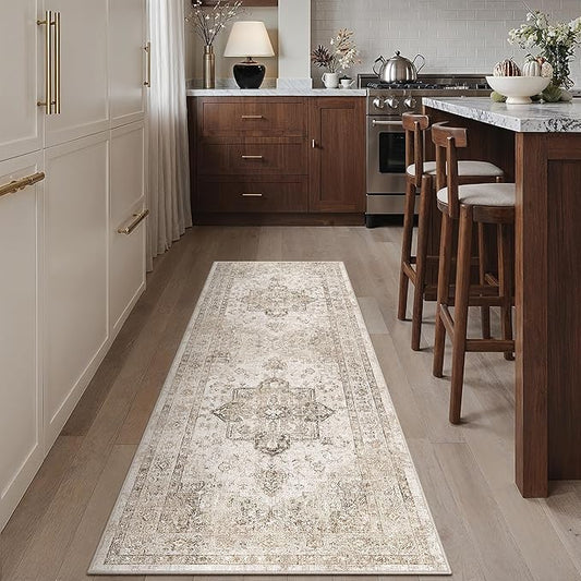 Taupe Runner Rug 2x6 Hallway Kitchen Washable Vintage Carpet Non Slip Retro Distressed Low Pile Soft Oriental Medallion Thin Long Throw Rug for Entryway Bathroom Office Laundry Dining Room