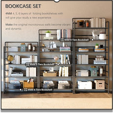 4NM No Assembly Extra Wide 5 Tiers Folding Bookshelf Storage Shelves Vintage Bookcase Standing Racks Study Organizer Home Office (All Black)