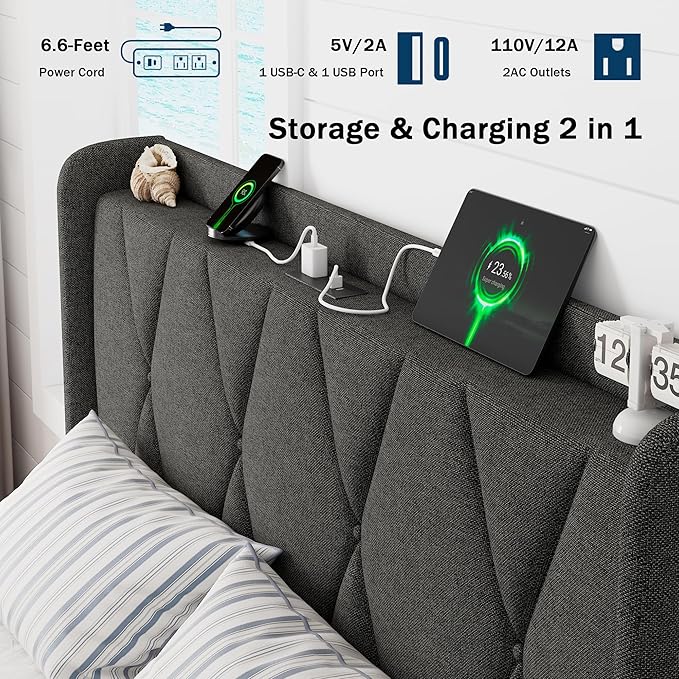 Full Size Bed Frame with 4 Storage Drawers, Upholstered Platform Bed with Charging Station, Modern Wingback Storage Headboard, Easy Assembly,Noise-Free, Dark Gray