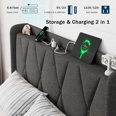 Queen Bed Frame with 4 Storage Drawers, Upholstered Platform Bed with Charging Station, Modern Wingback Storage Headboard, Easy Assembly,Noise-Free, Dark Gray