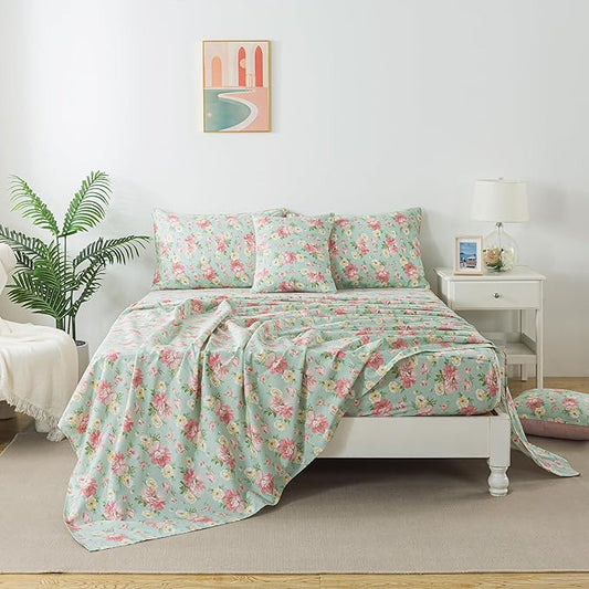 FADFAY Sheets Set Full Pink Rose Floral Shabby Yellow Peony Bed Sheet Set Vintage Farmhouse Cotton Soft Breathable With Deep Pocket Fitted Sheet 4Pcs, Full Size