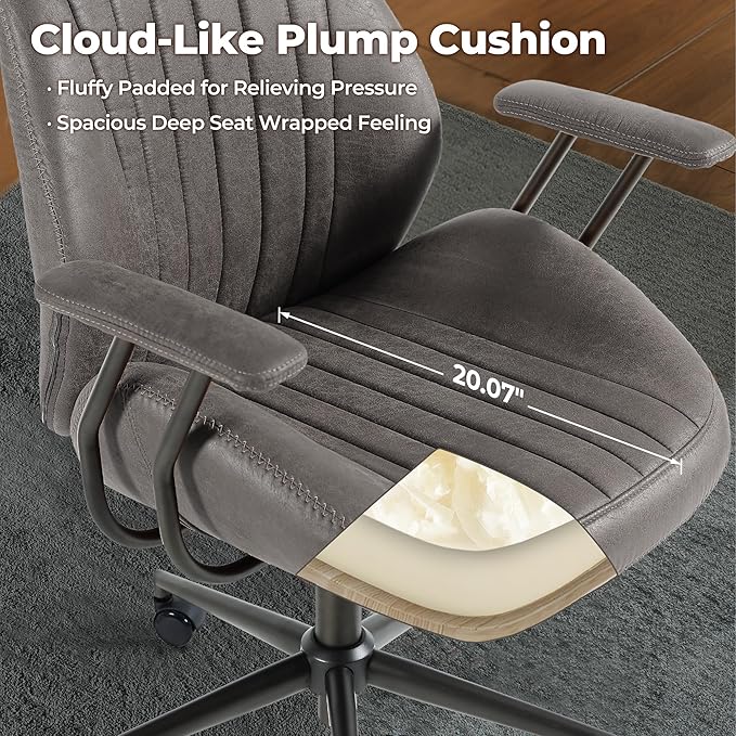 ovios Ergonomic Office Chair, High Back Faux Leather Executive Chairs with Armrests, Comfy High-Century Modern Swivel Rolling Computer Armchair (Dark Grey, Suede Leather)