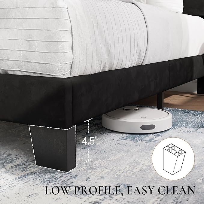 SHA CERLIN Twin Platform Bed Frame with Velvet Upholstered Headboard, Mattress Foundation with Strong Wooden Slats Support, No Box Spring Needed, Black