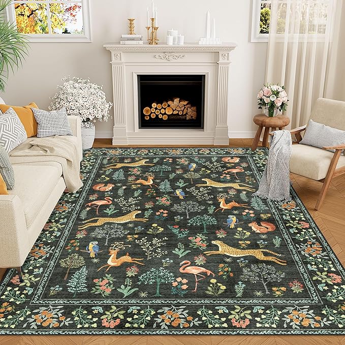 DUKINO 8x10 Rug, Washable Animal Living Room Rug with Non Slip Vintage Design, Soft Low Pile Large Carpet for Bedroom, Nursery, Dining Room, Farmhouse, Playroom, Black