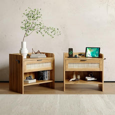 Rattan Nightstand Set of 2, Bedside Table with Type-C Charging Station - 1 Drawer & Open Storage Space, Boho End Table Side Table for Bedroom, Large Rattan Night Stand with Charging Port