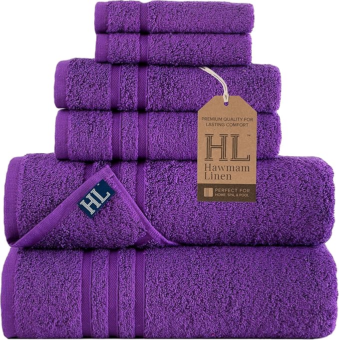 Hawmam Linen Purple 6 Piece Bath Towels Set for Bathroom Original Turkish Cotton Soft, Absorbent and Premium 2 Bath Towels, 2 Hand Towels, 2 Washcloths