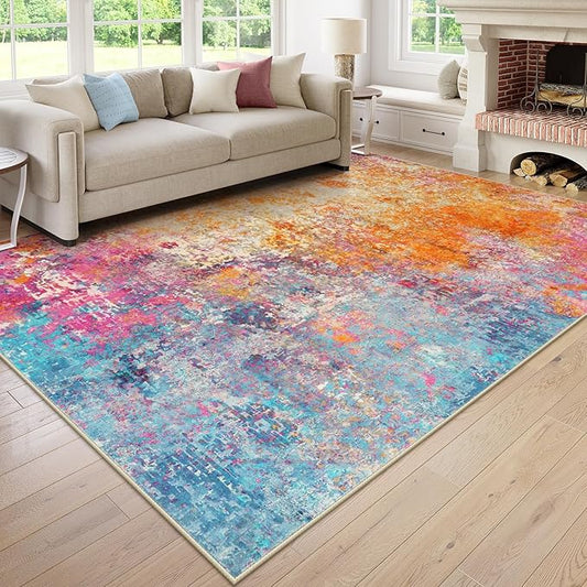 Lahome Modern Abstract Area Rugs 9x12 Living Room Rug Non Slip, Washable Colorful 9x12 Area Rug for Bedroom Girls Nursery, Soft Large Accent Carpet for Dining Room Table Office Home Decor
