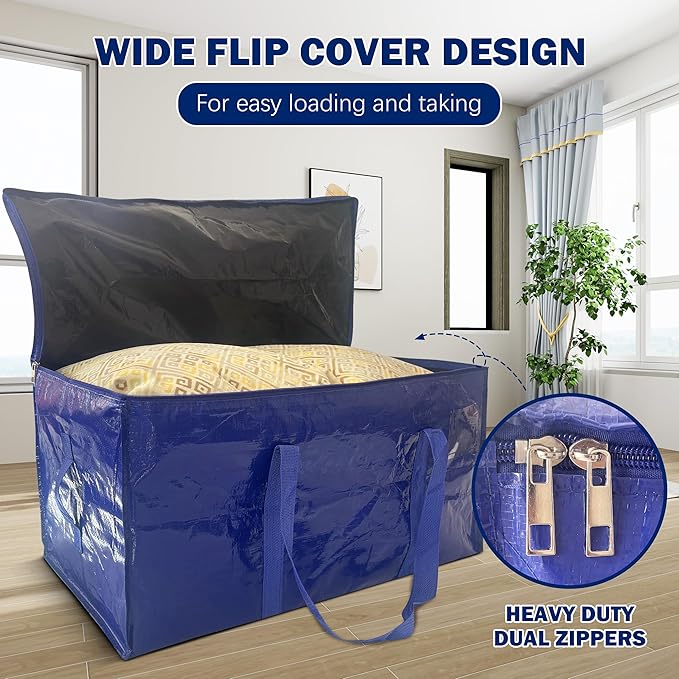 12 Pack Extra Heavy Duty Large Moving Bags with Strong Zipper & Carrying Handles, Sturdy Clothes Storage Bag Totes Bins, Packing Bags Moving Boxes College Moving Supplies, Dark Blue - 40 gal