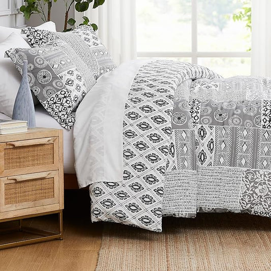 Southshore Fine Living, Inc. Patchwork Duvet Cover Queen Size Boho Set, Reversible Duvet Cover Full Size/Queen, 2 Pillow Shams Standard Size, Hotel Quality Bedding - Global Patchwork Grey