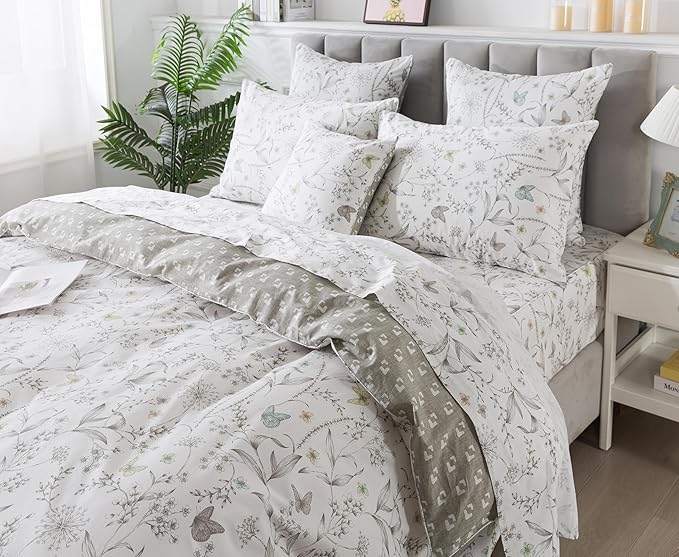 FADFAY Duvet Cover Set Twin Colorful Butterfly Bedding Vintage Botanical Comforter Cover Set Shabby Branches Bedding 100% Cotton Ultra Soft Quilt Cover with Hidden Zipper Closure 3Pcs, Twin Size