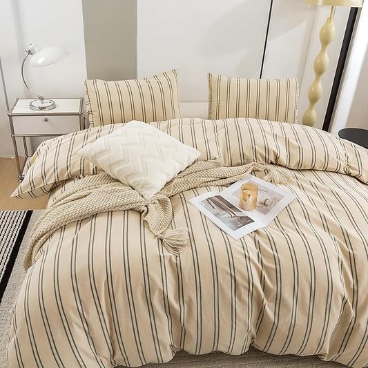 ECOCOTT Duvet Cover Full Size - Linen Feel Organic Natural 100% Washed Cotton, Soft Breathable & Durable Bedding Set, Comfy Stripe Design for All Seasons