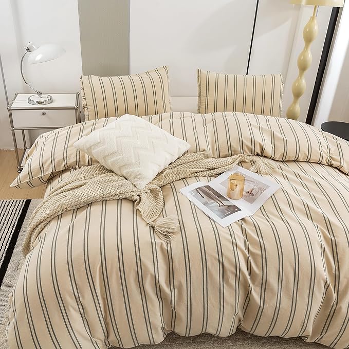 ECOCOTT Duvet Cover California King Size - Linen Feel Organic Natural 100% Washed Cotton, Soft Breathable & Durable Bedding Set, Comfy Stripe Design for All Seasons