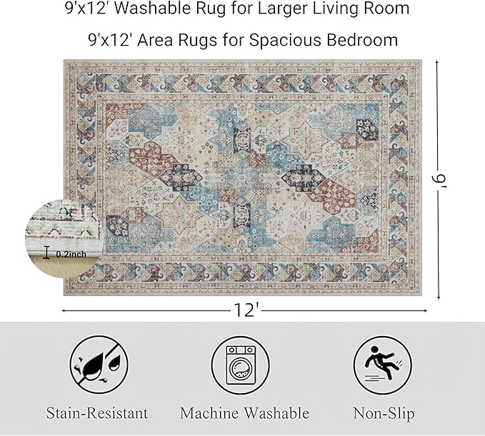 RCTJHOME 9'x12' Washable Area Rugs for Larger Living Room/Spacious Bedroom, Ultra Soft Non-Slip Accent Carpet, Dining Room,Larger Home Office, Low Pile Persian Rug Cream Beige Blue Colorful