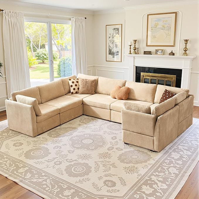 Large 7 Seat Modular Sectional Sofa with Ottoman Seat Corduroy Sleeper Sectional Sofa Bed Oversized Convertible Modular Couch for Living Room