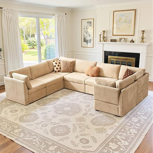 Large 7 Seat Modular Sectional Sofa with Ottoman Seat Corduroy Sleeper Sectional Sofa Bed Oversized Convertible Modular Couch for Living Room