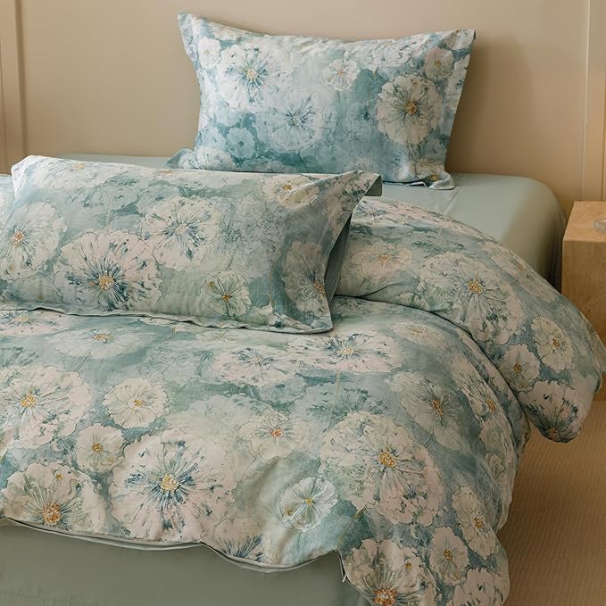 HeimenAogo Egyptian Cotton Duvet Cover California King Sateen Weave, Silky Soft Duvet Cover with Zipper Closure, Long Staple Cotton Comforter Cover Watercolor Floral 3 Pcs